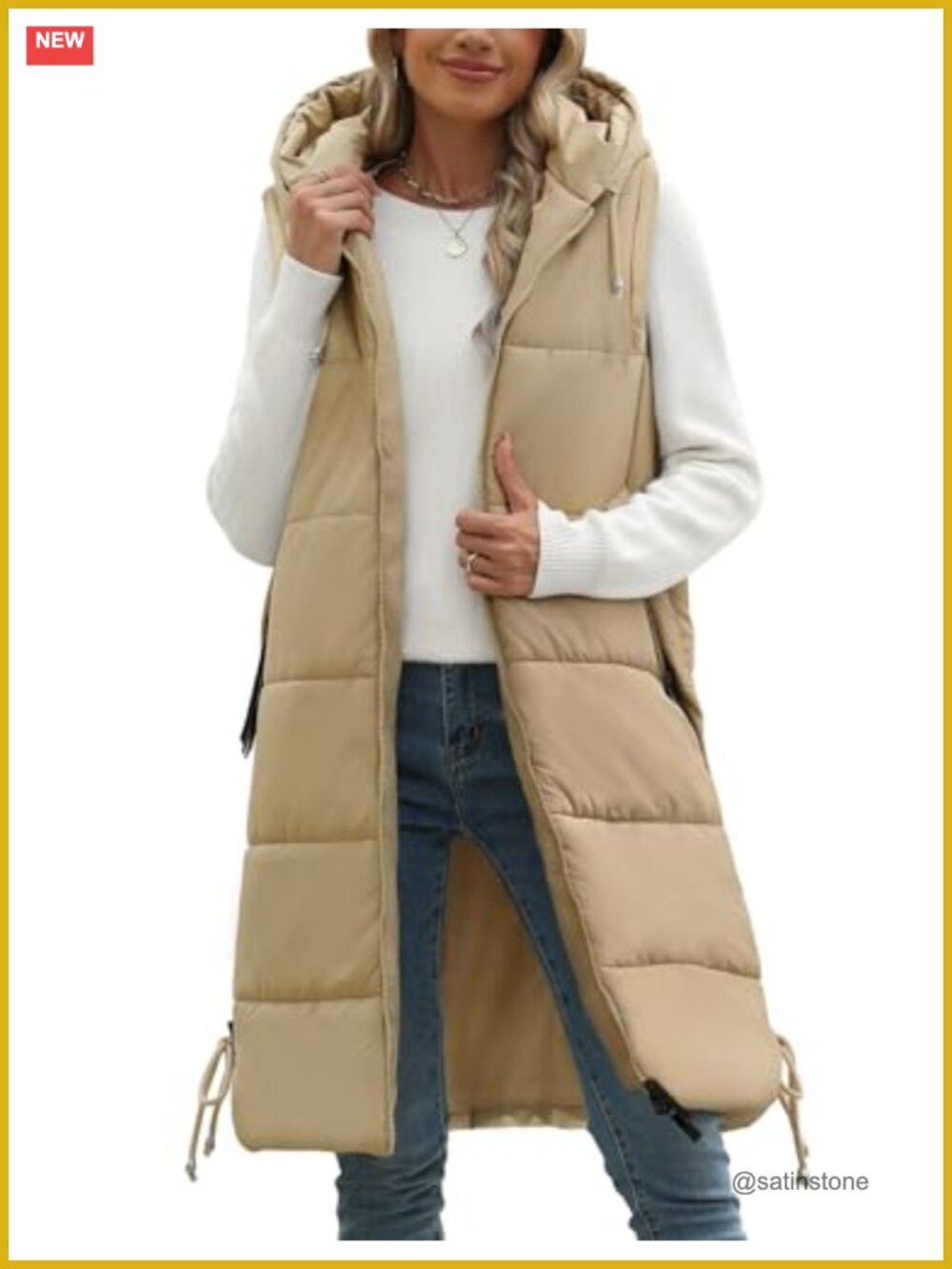 Women Long Hooded Puffer Vest Quilted Sleeveless Full-Zip Winter Outerwear